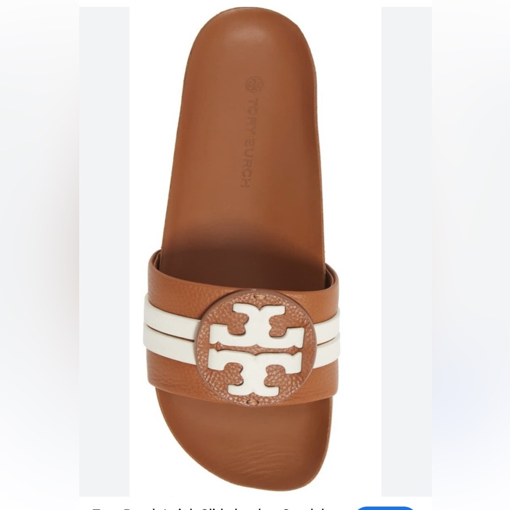 Tory Burch Tan and White Logo Leigh Slide Leather Sandal